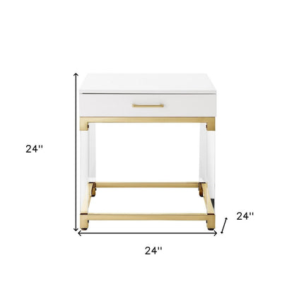 24" White and Gold Wood Acrylic and Stainless Steel Square End Table With Drawer HomeRoots