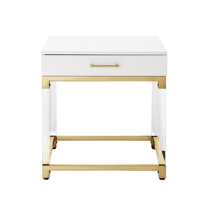 24" White and Gold Wood Acrylic and Stainless Steel Square End Table With Drawer HomeRoots