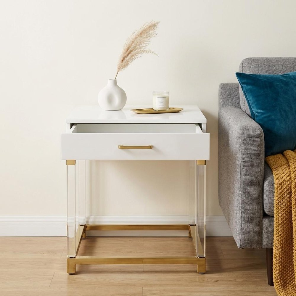 24" White and Gold Wood Acrylic and Stainless Steel Square End Table With Drawer HomeRoots
