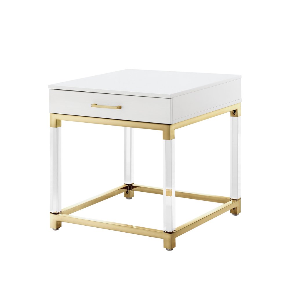 24" White and Gold Wood Acrylic and Stainless Steel Square End Table With Drawer HomeRoots