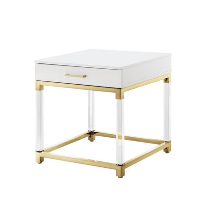 24" White and Gold Wood Acrylic and Stainless Steel Square End Table With Drawer HomeRoots