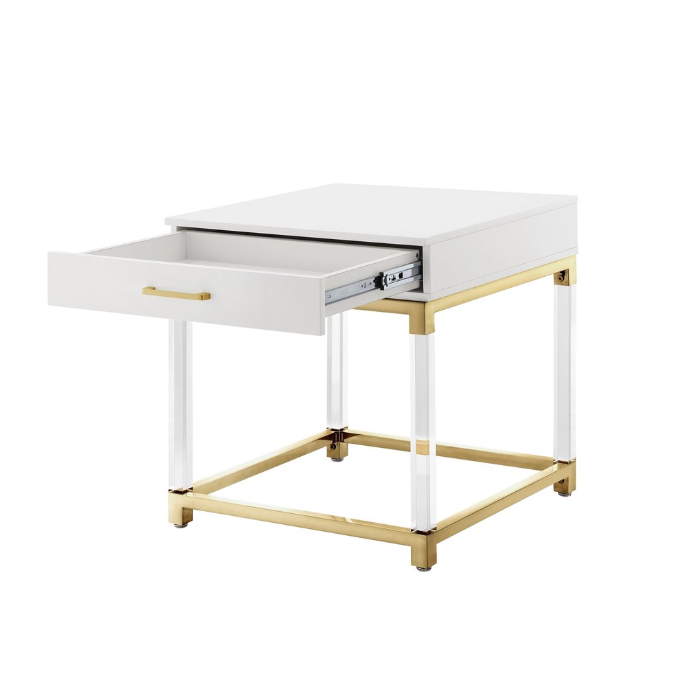 24" White and Gold Wood Acrylic and Stainless Steel Square End Table With Drawer — view 4