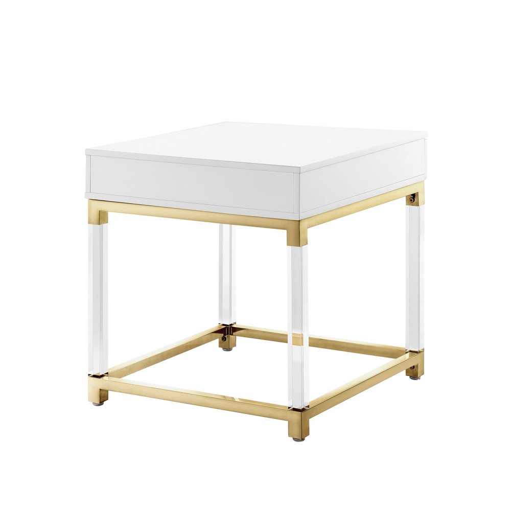 24" White and Gold Wood Acrylic and Stainless Steel Square End Table With Drawer HomeRoots