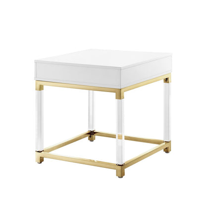 24" White and Gold Wood Acrylic and Stainless Steel Square End Table With Drawer HomeRoots