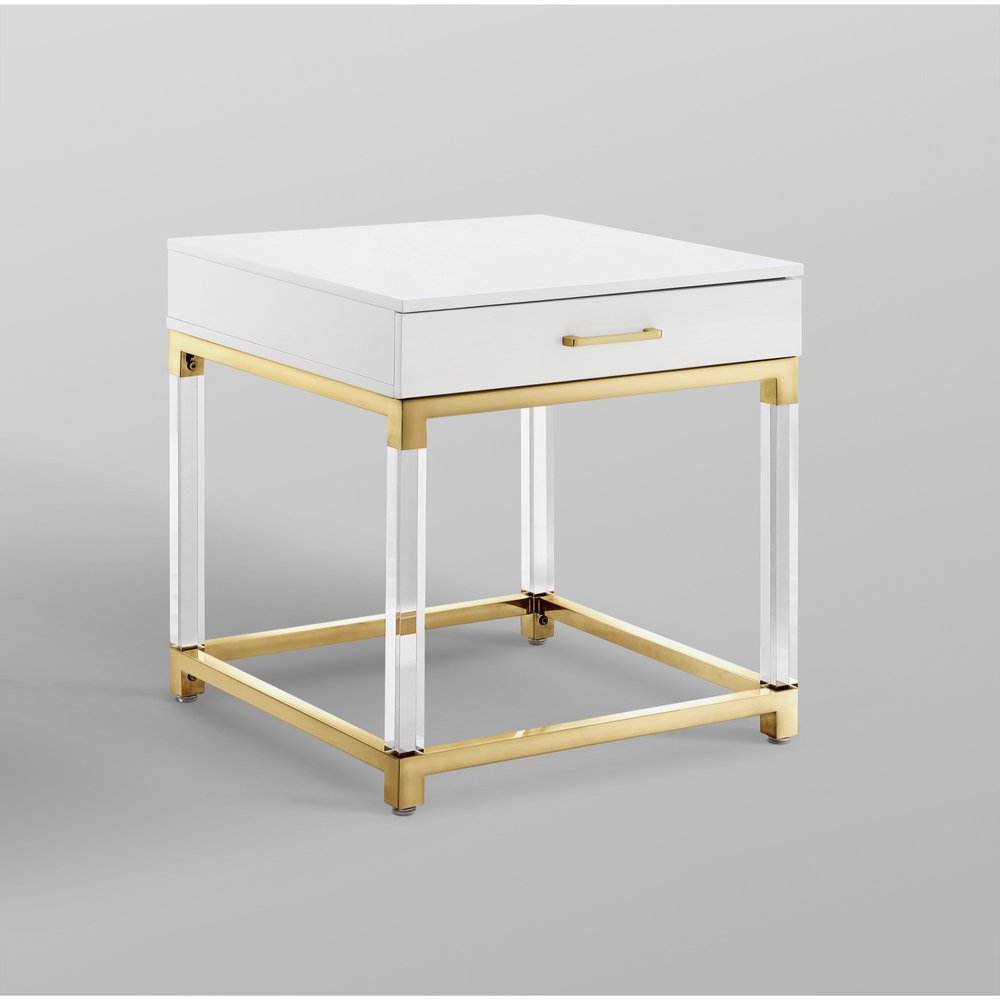24" White and Gold Wood Acrylic and Stainless Steel Square End Table With Drawer HomeRoots