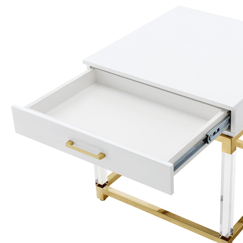 24" White and Gold Wood Acrylic and Stainless Steel Square End Table With Drawer — view 6