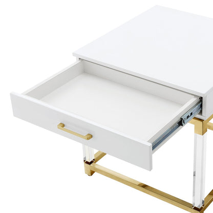 24" White and Gold Wood Acrylic and Stainless Steel Square End Table With Drawer HomeRoots