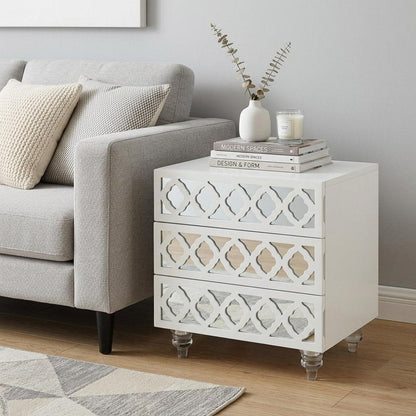 24" Clear And White Wood Mirrored End Table With Three Drawers HomeRoots