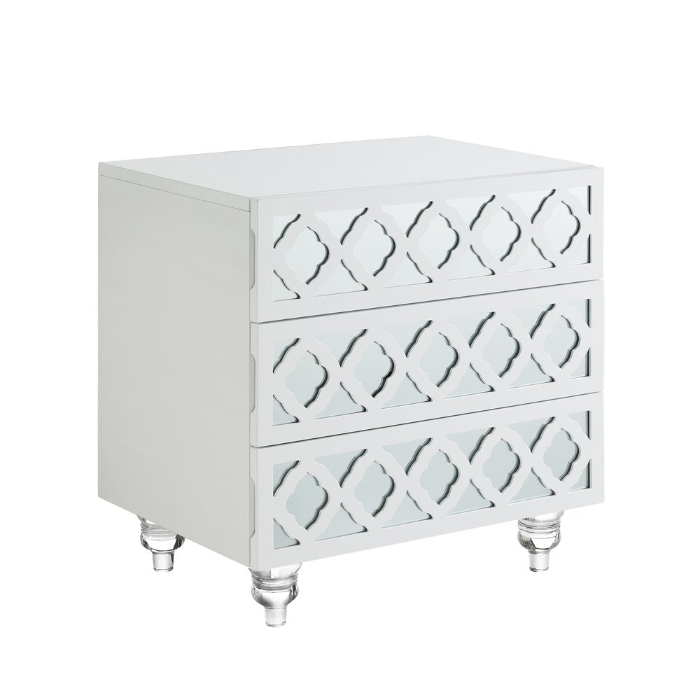 24" Clear And White Wood Mirrored End Table With Three Drawers — view 3