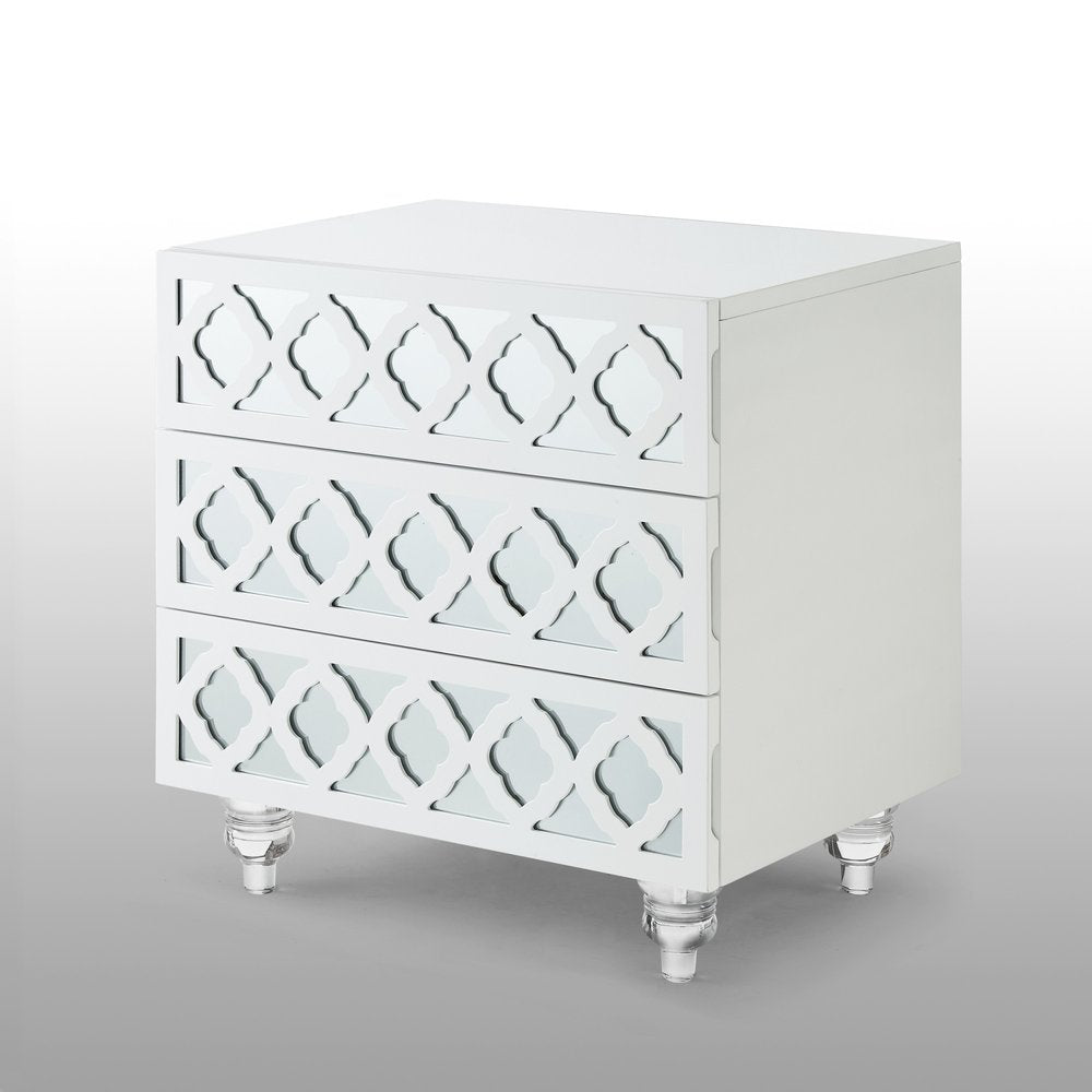 24" Clear And White Wood Mirrored End Table With Three Drawers HomeRoots