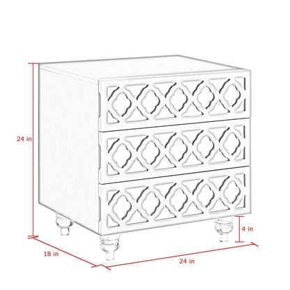 24" Clear And White Wood Mirrored End Table With Three Drawers