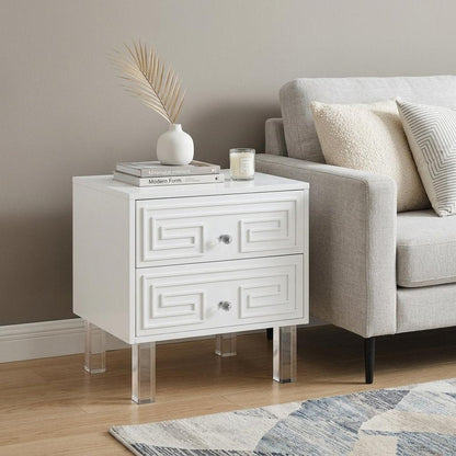 24" White And Clear Wood And Acrylic End Table With Two Drawers HomeRoots