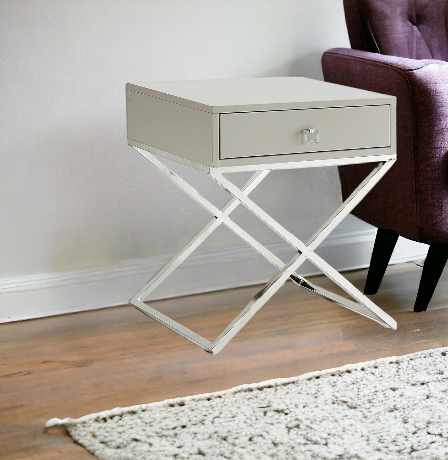 25" Silver Metallic And Light Gray End Table With Drawer