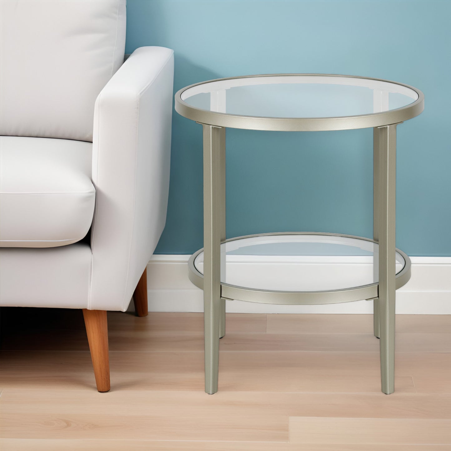 24" Nickel And Clear Glass And Steel Round End Table With Shelf