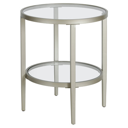 24" Nickel And Clear Glass And Steel Round End Table With Shelf