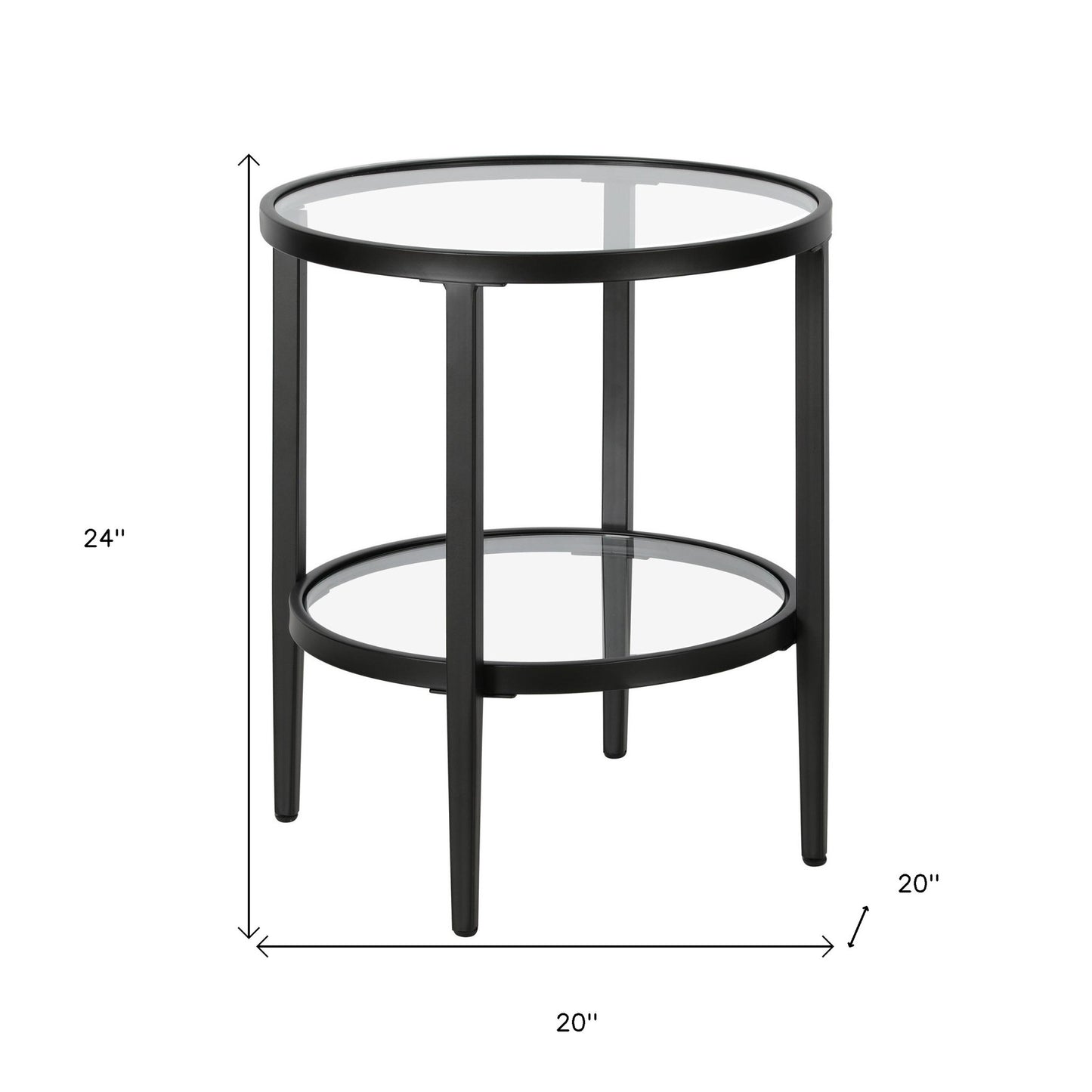 24" Black And Clear Glass And Steel Round End Table With Shelf