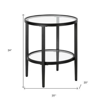 24" Black And Clear Glass And Steel Round End Table With Shelf