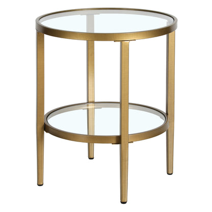 24" Antiqued Brass And Clear Glass And Steel Round End Table With Shelf