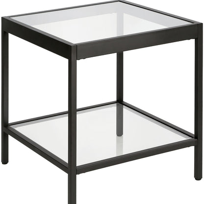 22" Black And Clear Glass And Steel Square End Table With Shelf