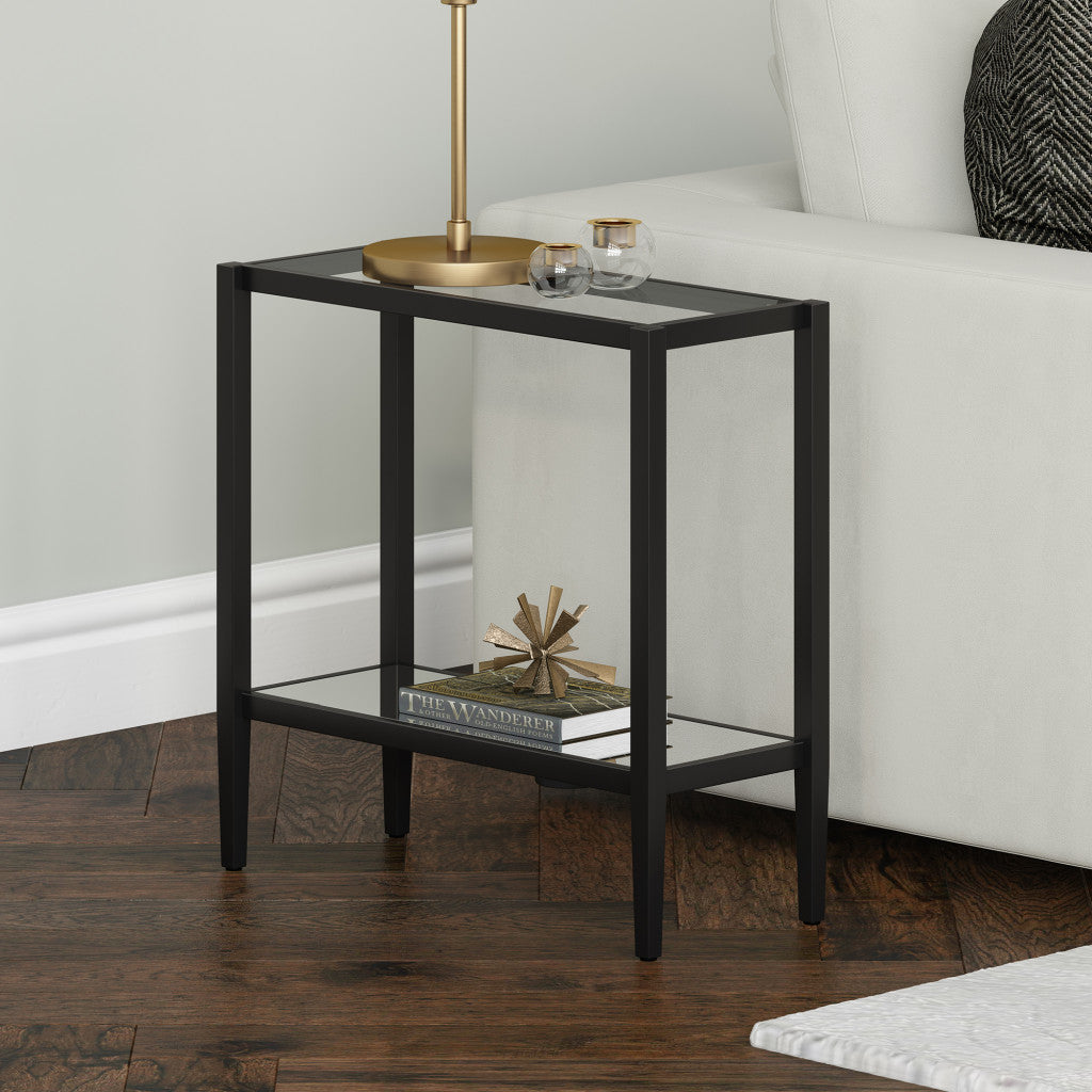 24" Black And Clear Glass And Steel Mirrored End Table With Shelf