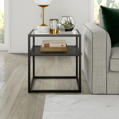 22" Black And Clear Glass And Steel Square End Table With Shelf