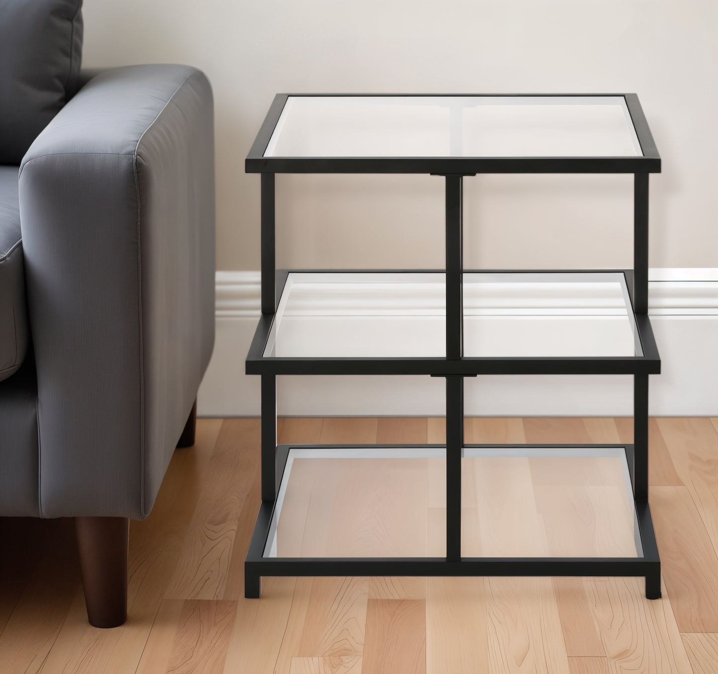 24" Black And Clear Glass And Steel Square End Table With Two Shelves