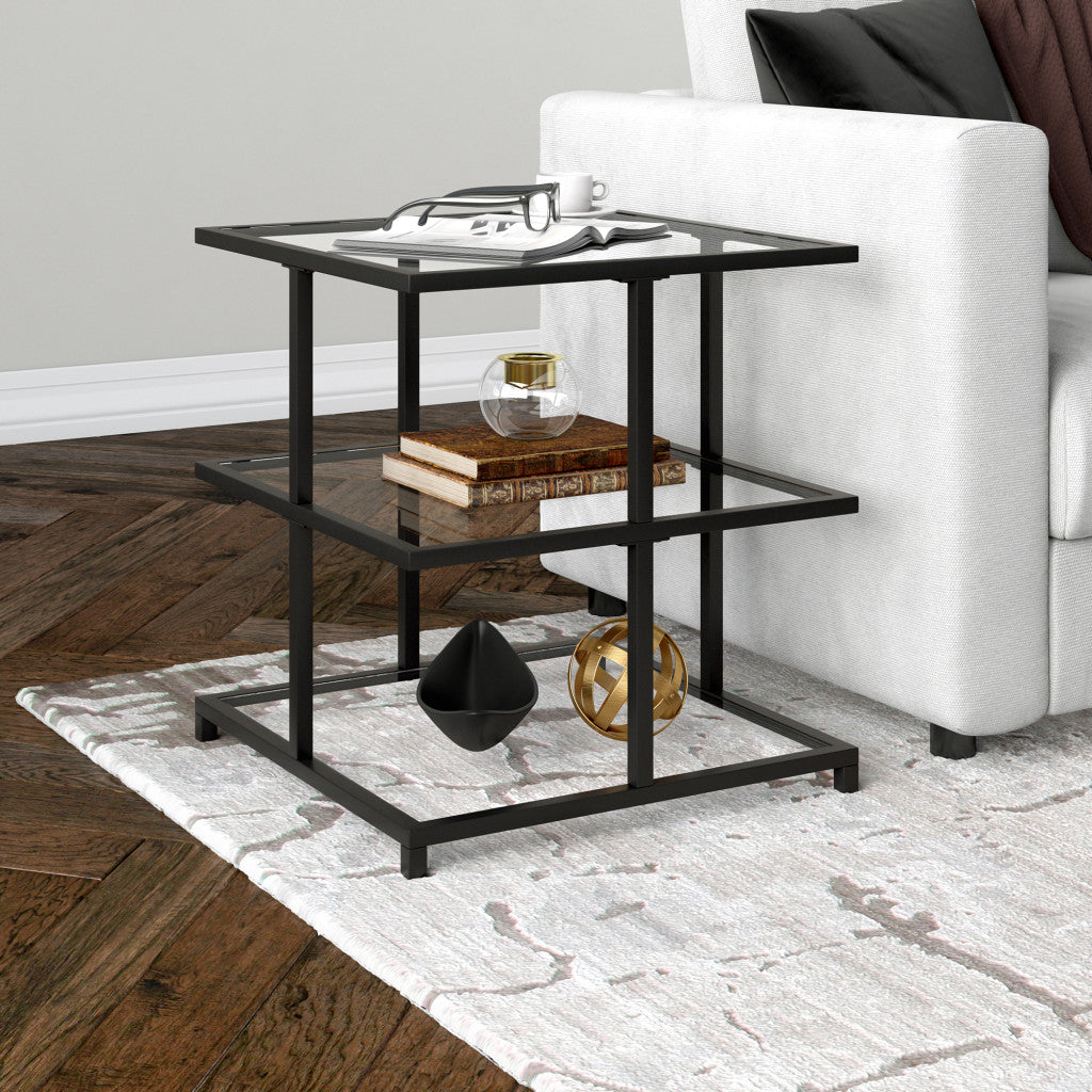 24" Black And Clear Glass And Steel Square End Table With Two Shelves