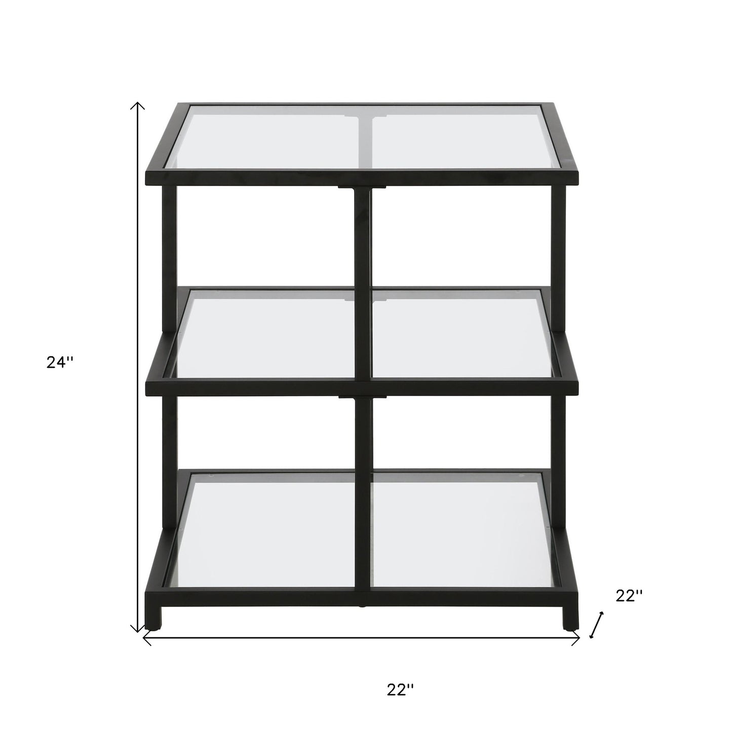 24" Black And Clear Glass And Steel Square End Table With Two Shelves