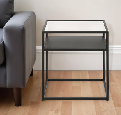 22" Black And Clear Glass And Steel Square End Table With Shelf