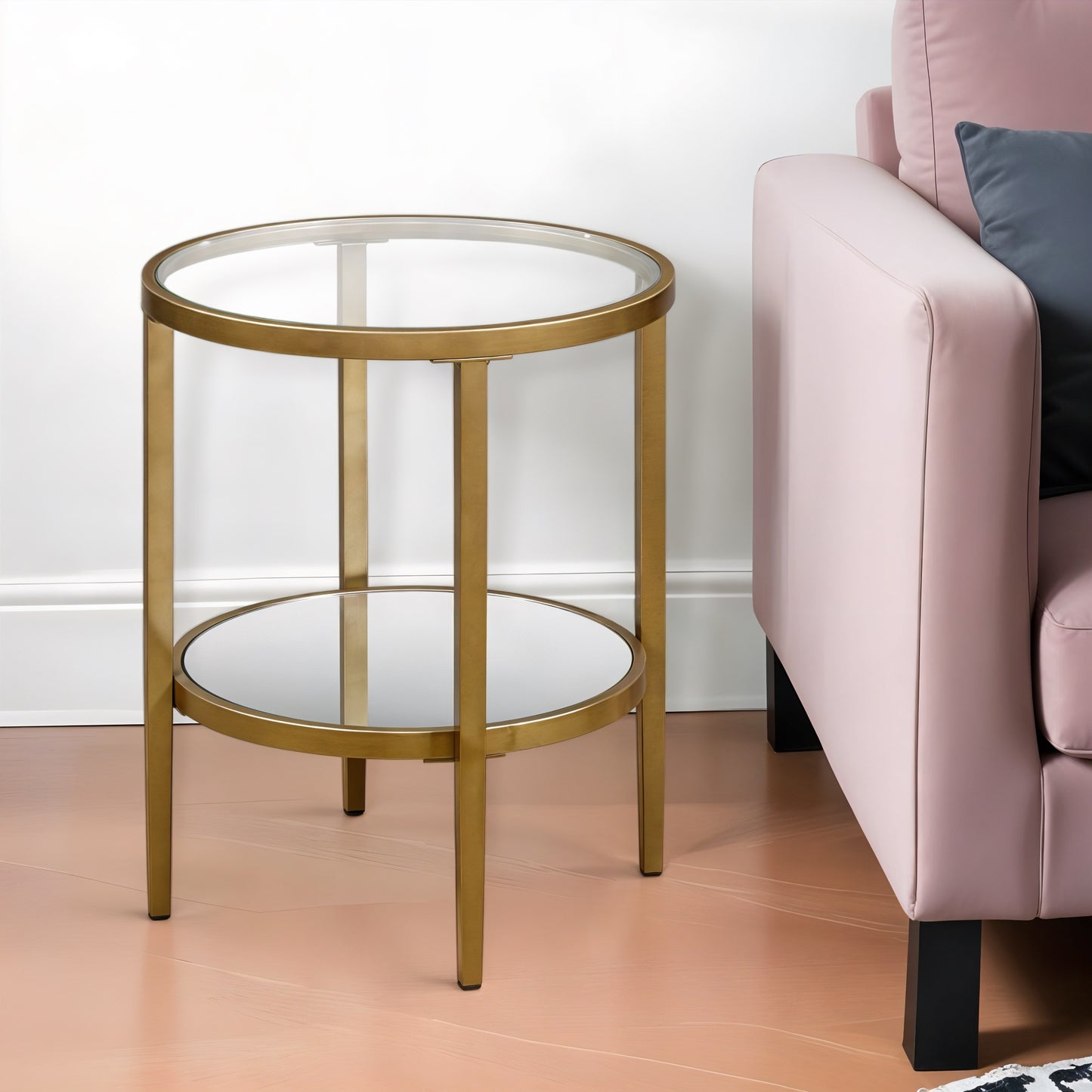 24" Antiqued Brass And Clear Glass And Steel Round Mirrored End Table With Shelf