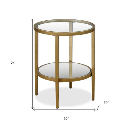 24" Antiqued Brass And Clear Glass And Steel Round Mirrored End Table With Shelf