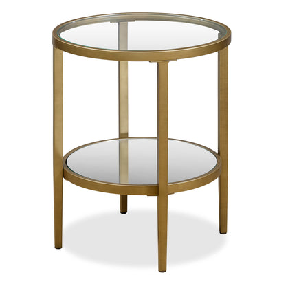 24" Antiqued Brass And Clear Glass And Steel Round Mirrored End Table With Shelf