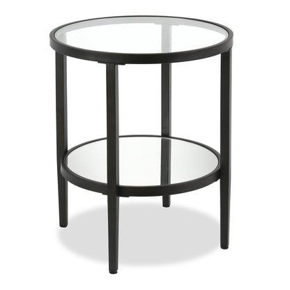 24" Black And Clear Glass And Steel Round Mirrored End Table With Shelf