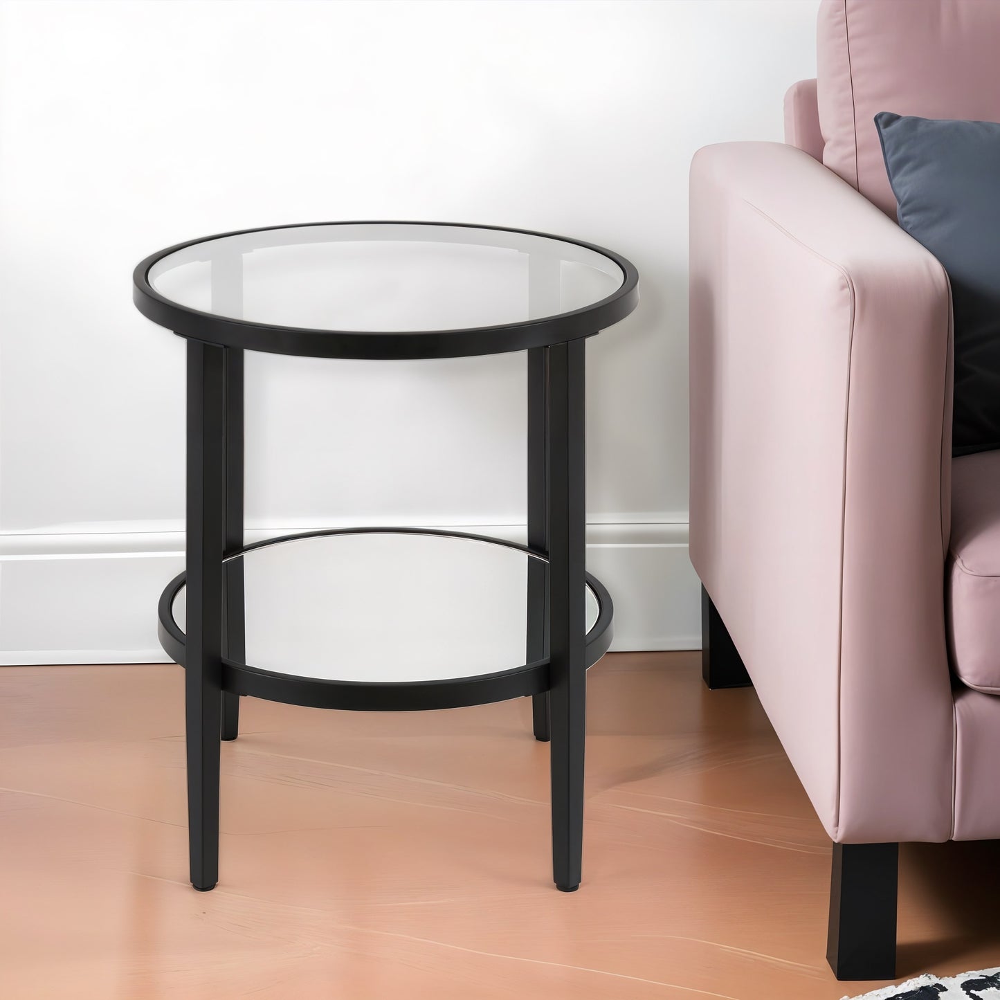 24" Black And Clear Glass And Steel Round Mirrored End Table With Shelf