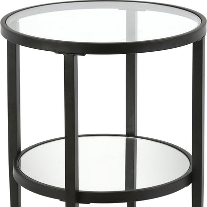 24" Black And Clear Glass And Steel Round Mirrored End Table With Shelf