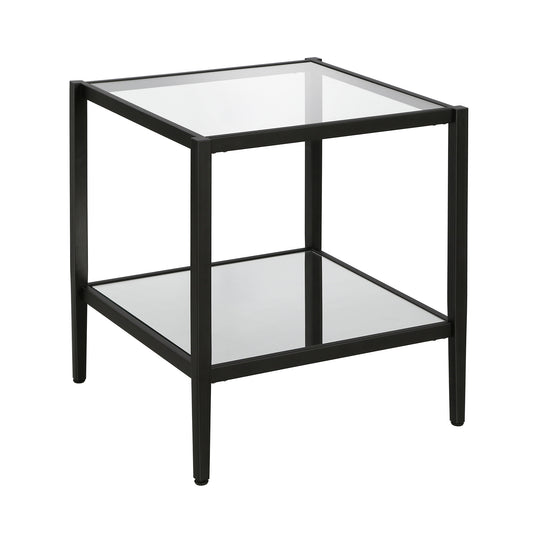 22" Black And Clear Glass And Steel Square Mirrored End Table With Shelf