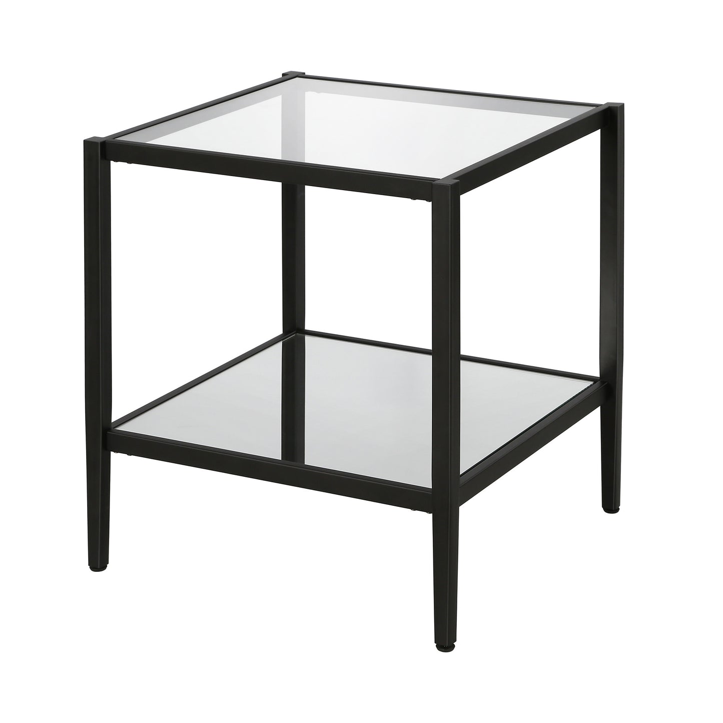 22" Black And Clear Glass And Steel Square Mirrored End Table With Shelf