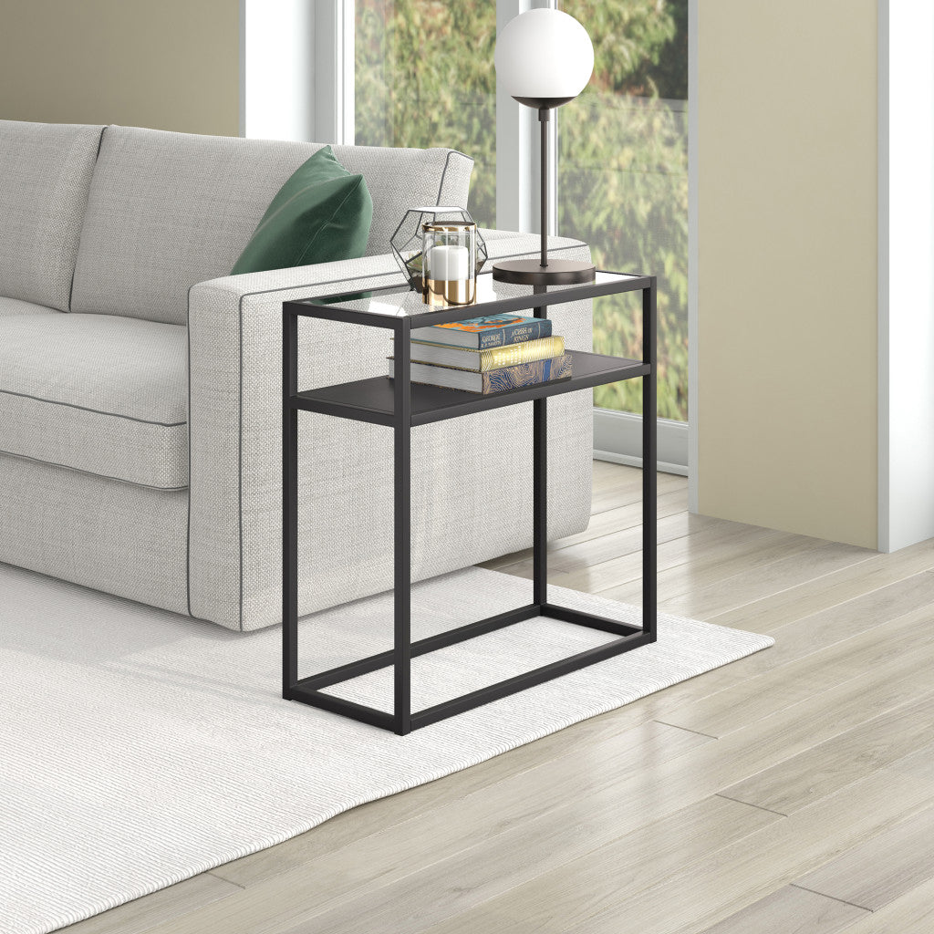 24" Black And Clear Glass And Steel End Table With Shelf