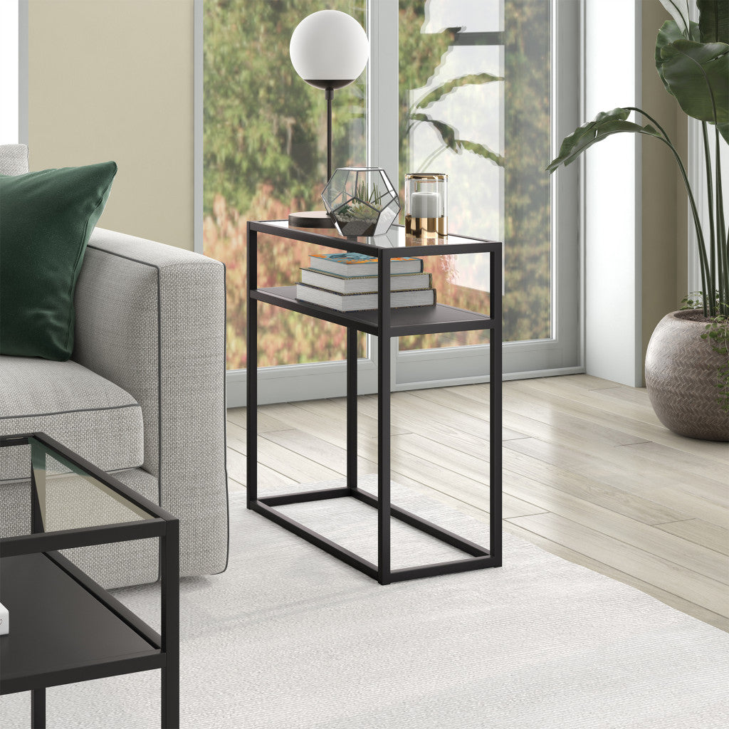 24" Black And Clear Glass And Steel End Table With Shelf