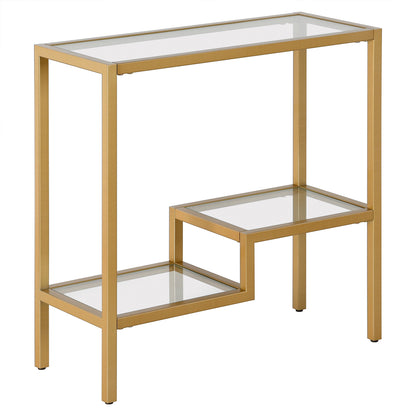 24" Brass And Clear Glass And Steel End Table With Two Shelves