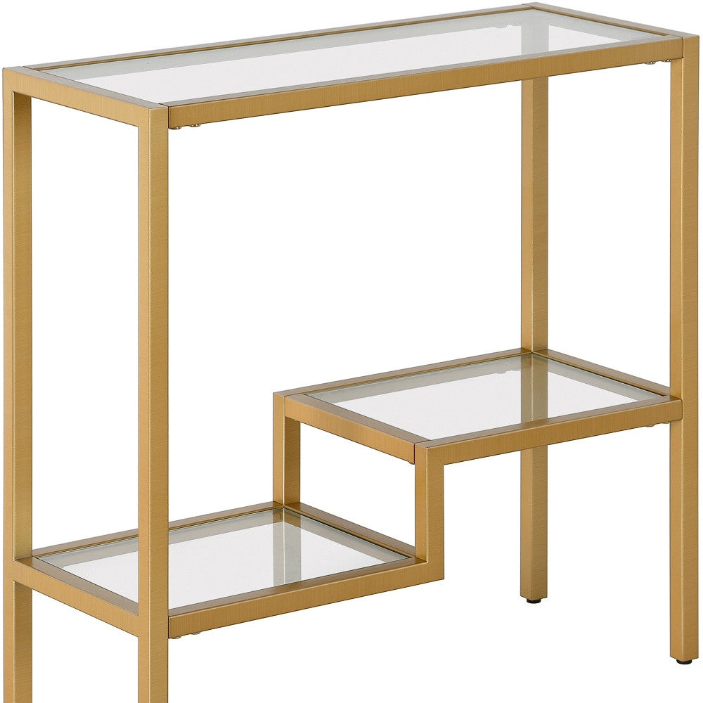 24" Brass And Clear Glass And Steel End Table With Two Shelves