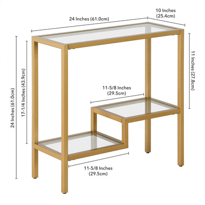 24" Brass And Clear Glass And Steel End Table With Two Shelves