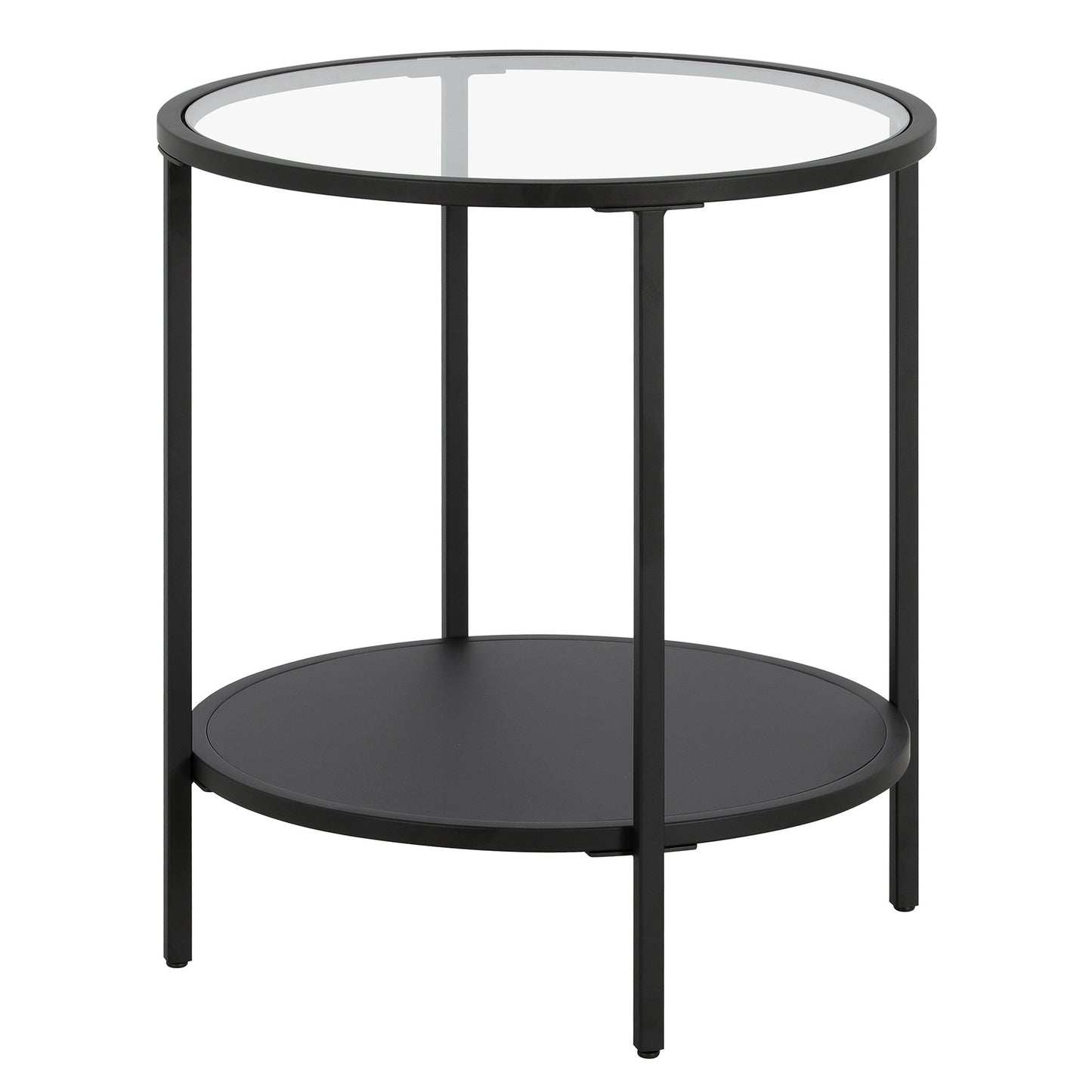 22" Black And Clear Glass And Steel Round End Table With Shelf