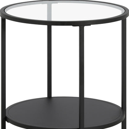 22" Black And Clear Glass And Steel Round End Table With Shelf