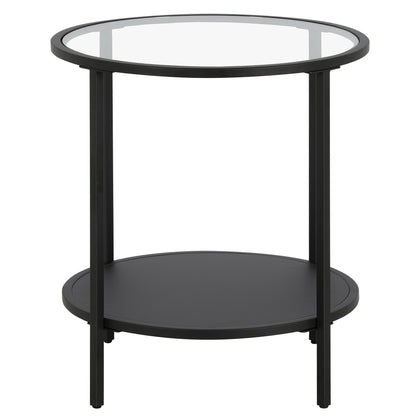 22" Black And Clear Glass And Steel Round End Table With Shelf