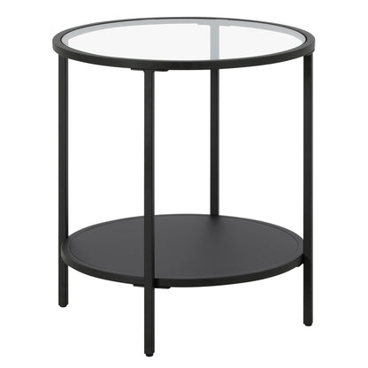 22" Black And Clear Glass And Steel Round End Table With Shelf