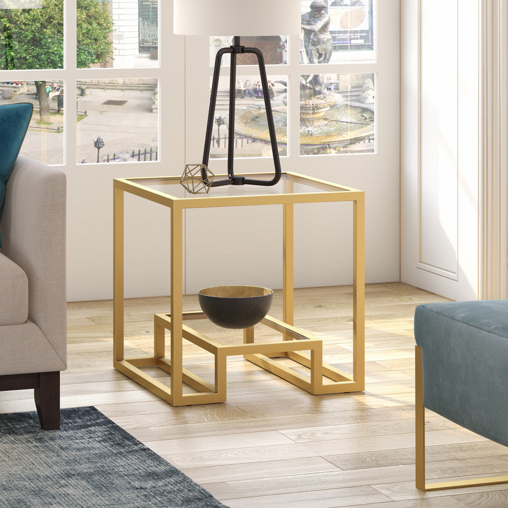 22" Brass And Clear Glass And Steel Square End Table With Shelf