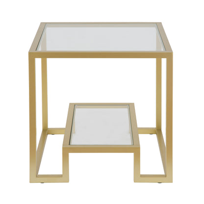 22" Brass And Clear Glass And Steel Square End Table With Shelf