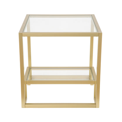 22" Brass And Clear Glass And Steel Square End Table With Shelf