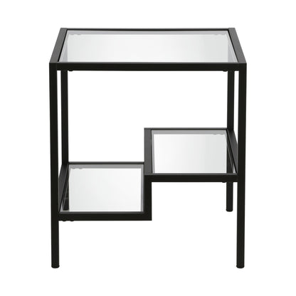 22" Black And Clear Glass And Steel Square End Table With Two Shelves